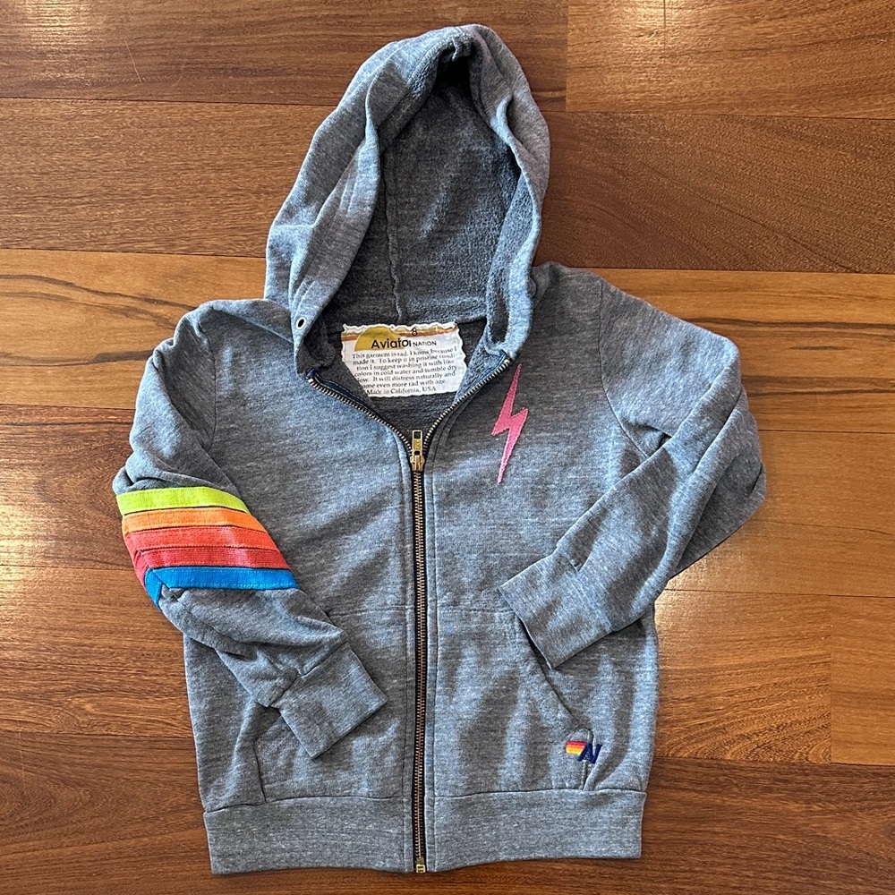 Aviator Nation Gray Hoodie with Rainbow Stripes and Pink Lightning Bolt